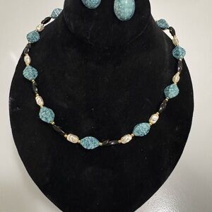 Elegant Blue, White and Black Beaded Necklace Set